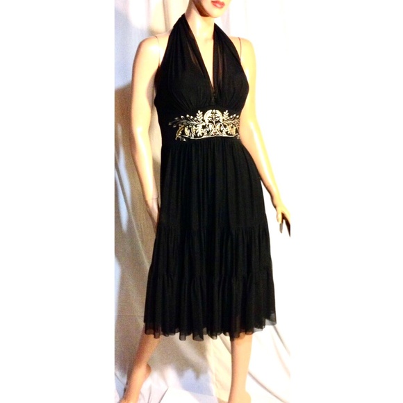 $138 Black Plunge Neck Halter Embroidered Layered Gypsycore Chiffon Dress~4~NWOT - Picture 2 of 12